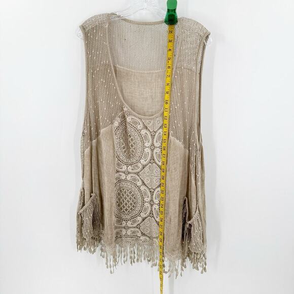 Lagenlook Tan Scoop Neck Embroidered Crochet Tassel Cover-Up Tank Top One Size - Picture 9 of 10